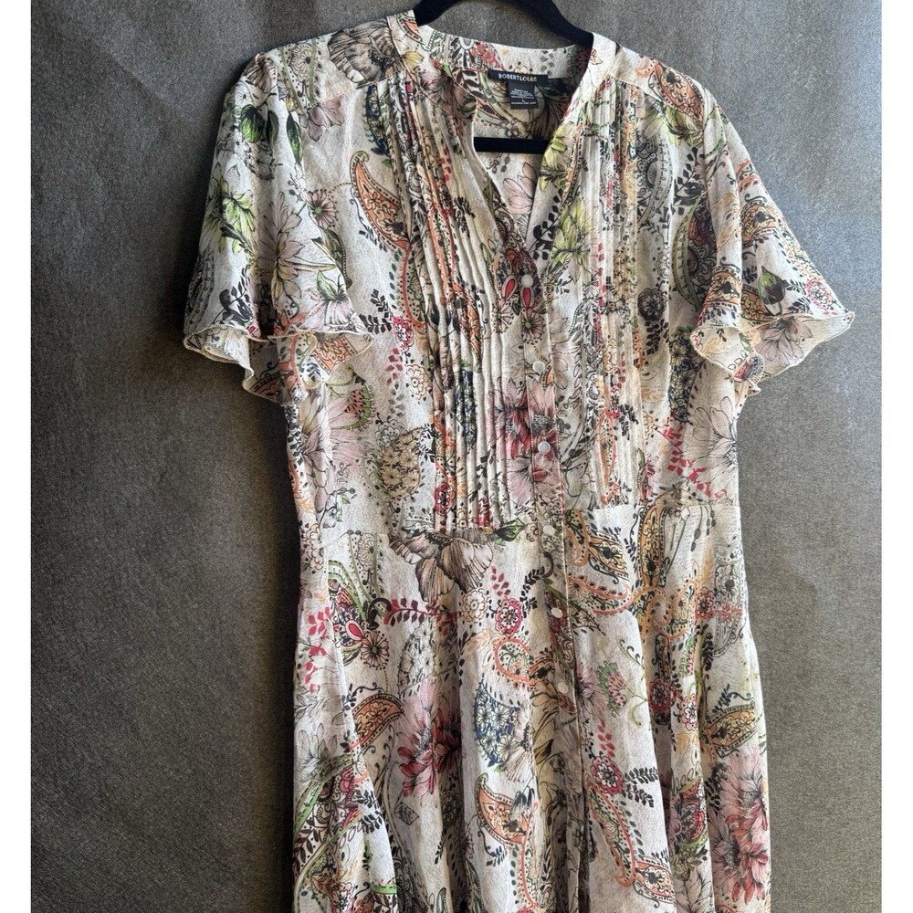 Robert Louis Boho Paisley Floral Midi Dress  Large Pintuck Pleated A14